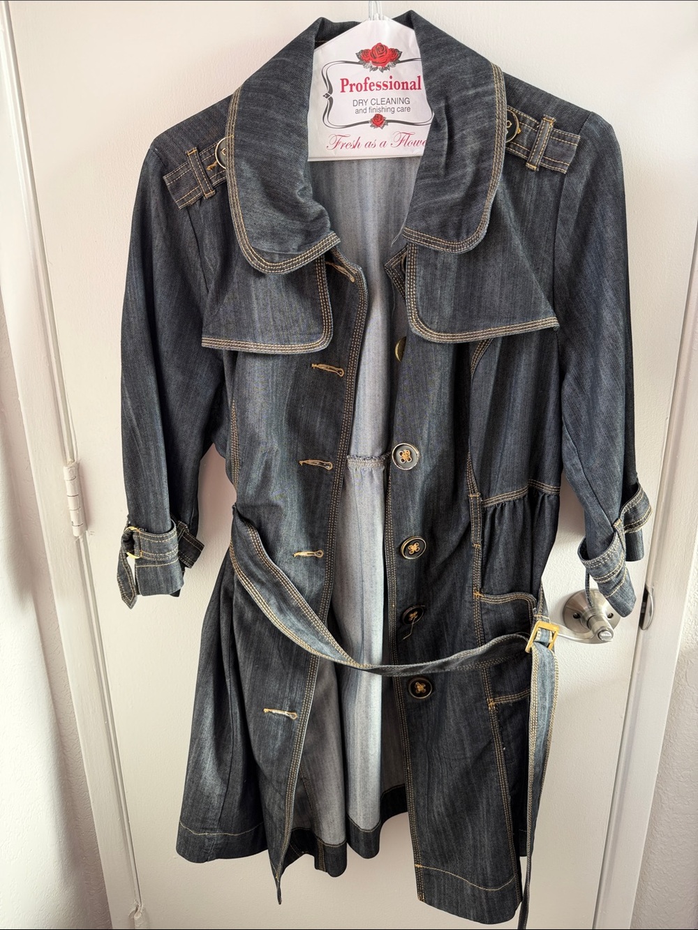 Dark Denim Trench Coat with Belt